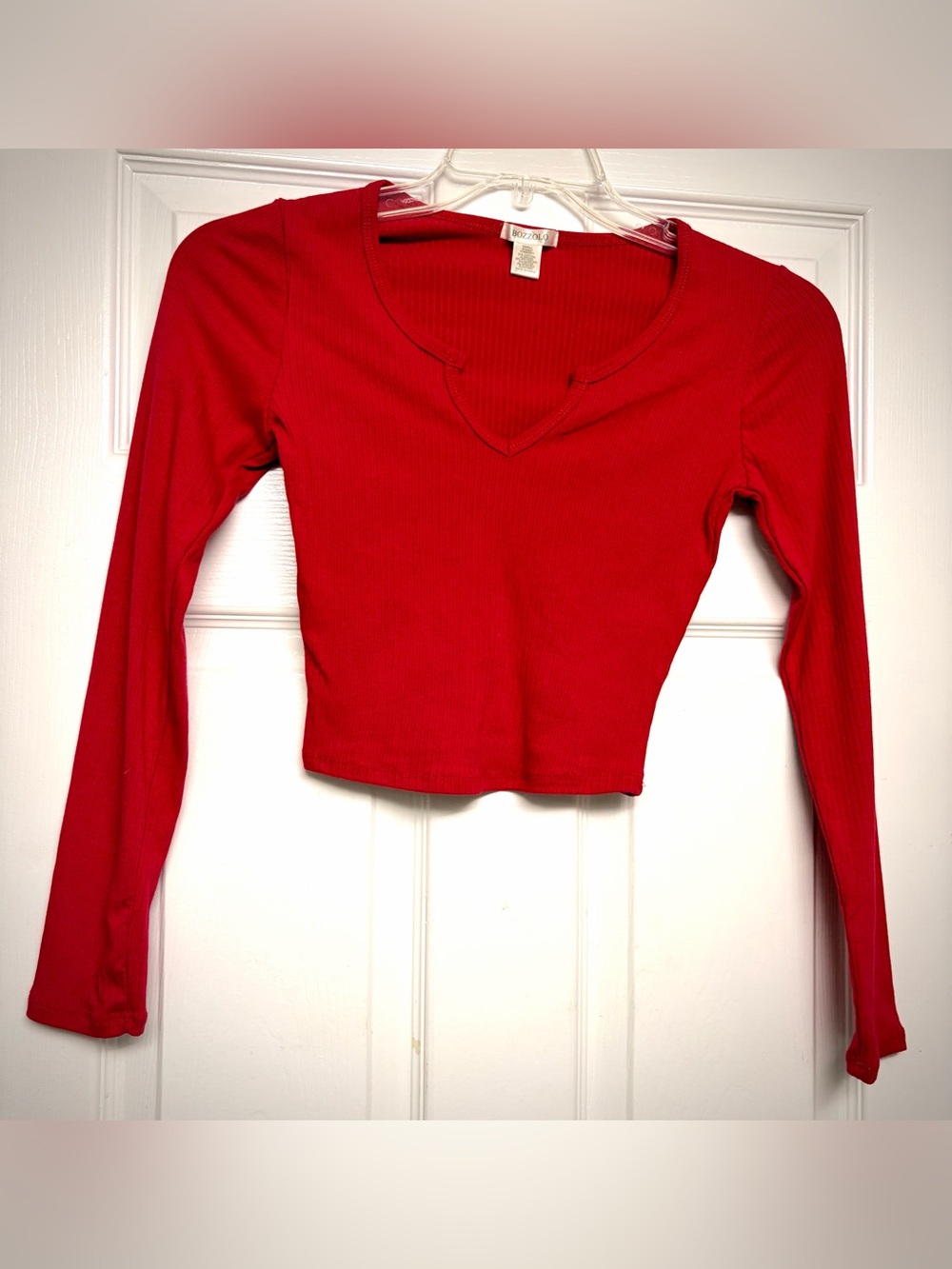 Bozzolo Red Ribbed V-Neck Long Sleeve Crop Top